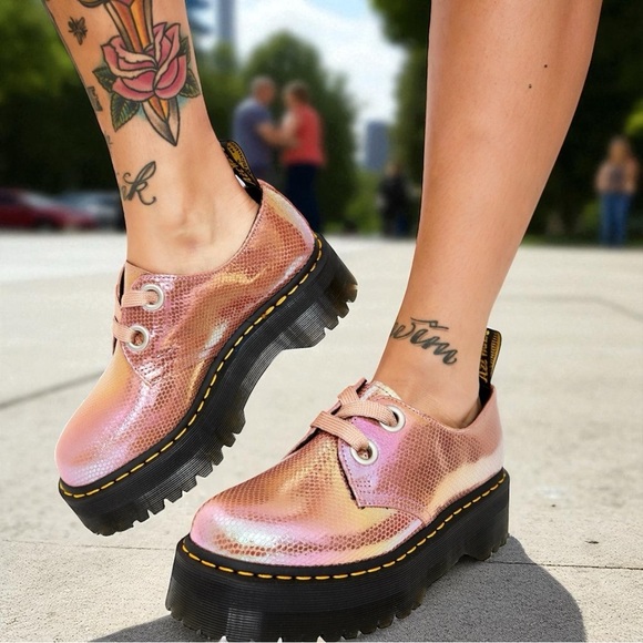 Dr. Martens Shoes - Dr. Martens Holly Pink Iridescent Leather Platform Boots Shoes Womens Size 7 NEW